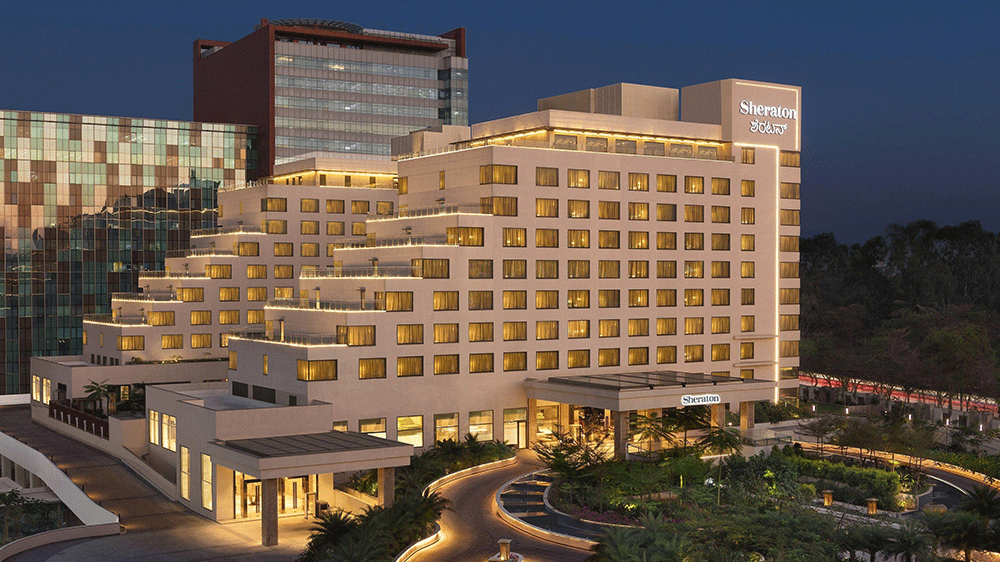 Front view of the Sheraton Grand Bengaluru Whitefield Hotel & Convention Center in Bengaluru, venue for the MATLAB EXPO India event